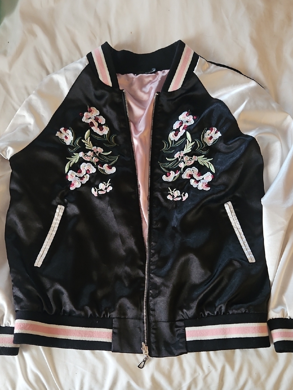 Floral Embroidered Black Satin Bomber Jacket with Pink Accents/ Reversable